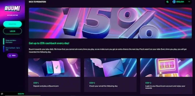 Buumi Casino -pelikokemusta esittelevä kuvakaappaus